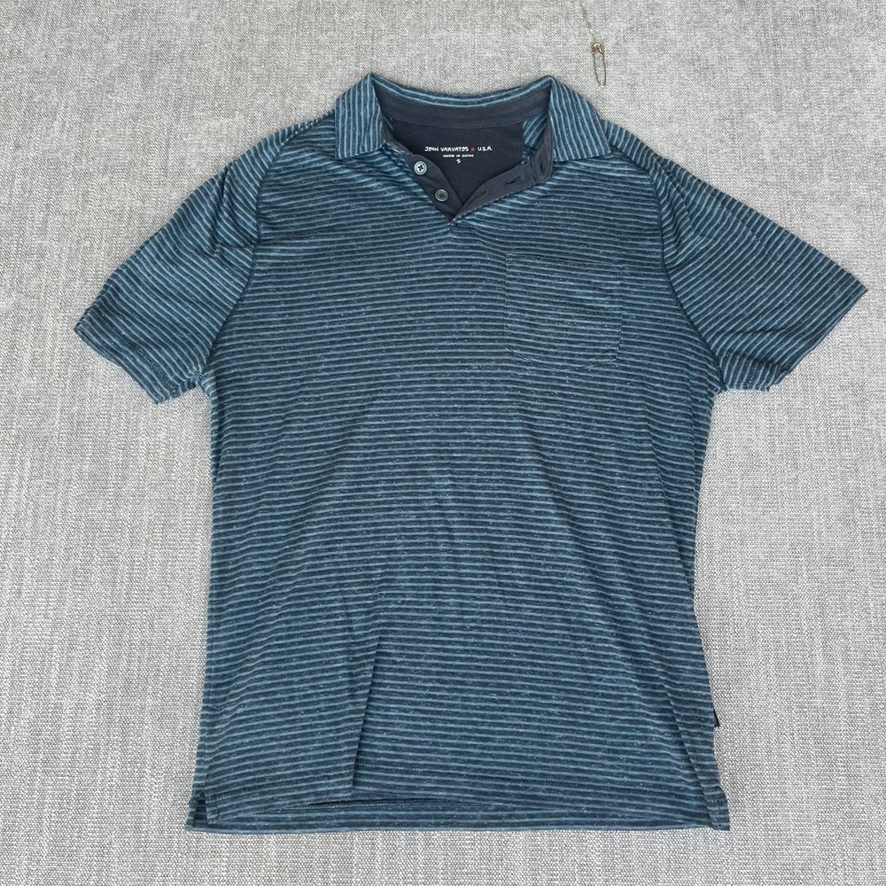 John Varvatos Polo Shirt Mens S Blue Striped Chest Pocket Short Sleeve Popover